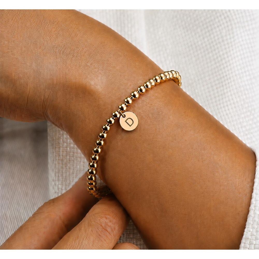 14k Gold Plated Beaded Stretch Bracelet Initial D Charm Water Resistant